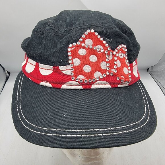 Disney Parks Adults Black Red Polka Dot Rhinestone Minnie Mouse Cap Hat - Picture 1 of 9